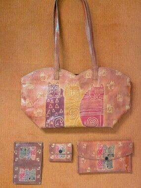 RARE 4 Piece 90s Laurel Burch Style Cat Leather Purse Set